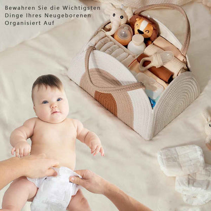 Changing Bag Organiser, Baby Nappy Caddy Basket, Portable Storage Basket for Changing Table, Changing Basket Organiser with Compartments & Handles, Cotton Rope Basket for Baby Shower Gifts (White