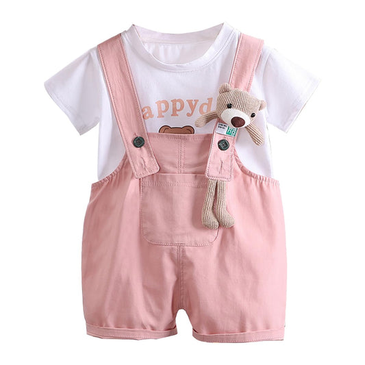ACMEDE 2tlg Baby Mädchen Kleidung Set Gr. 74/80/86/92/98 kinder Kurzarm Oberteil T-Shirt Baumwolle + Sommer Jeans Latzhose Kurz mit Bärenpuppe Bodysuit Jumpsuit shorts Gr. 104/110/116/120