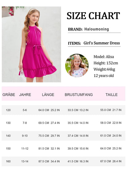 Halomoning Girls Dress Sleeveless Simple Classic Casual Knee Length for Kids Summer Princess Party Wedding Tie Waist A-Line 
