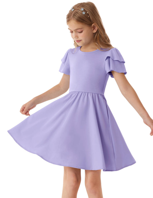 GRACE KARIN Girls Summer Dress Ruffle Short Sleeve Casual A-Line Princess Dress with Pockets Wedding Flower Girl Dresses 