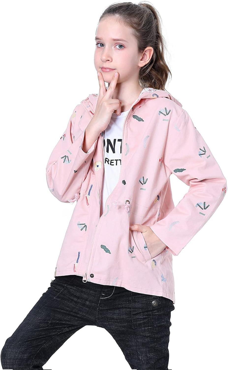 SXSHUN Girls' Windbreaker Jacket with Hood and Floral Embroidery, Hooded Trench Coat