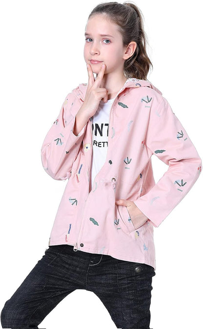 SXSHUN Girls' Windbreaker Jacket with Hood and Floral Embroidery, Hooded Trench Coat