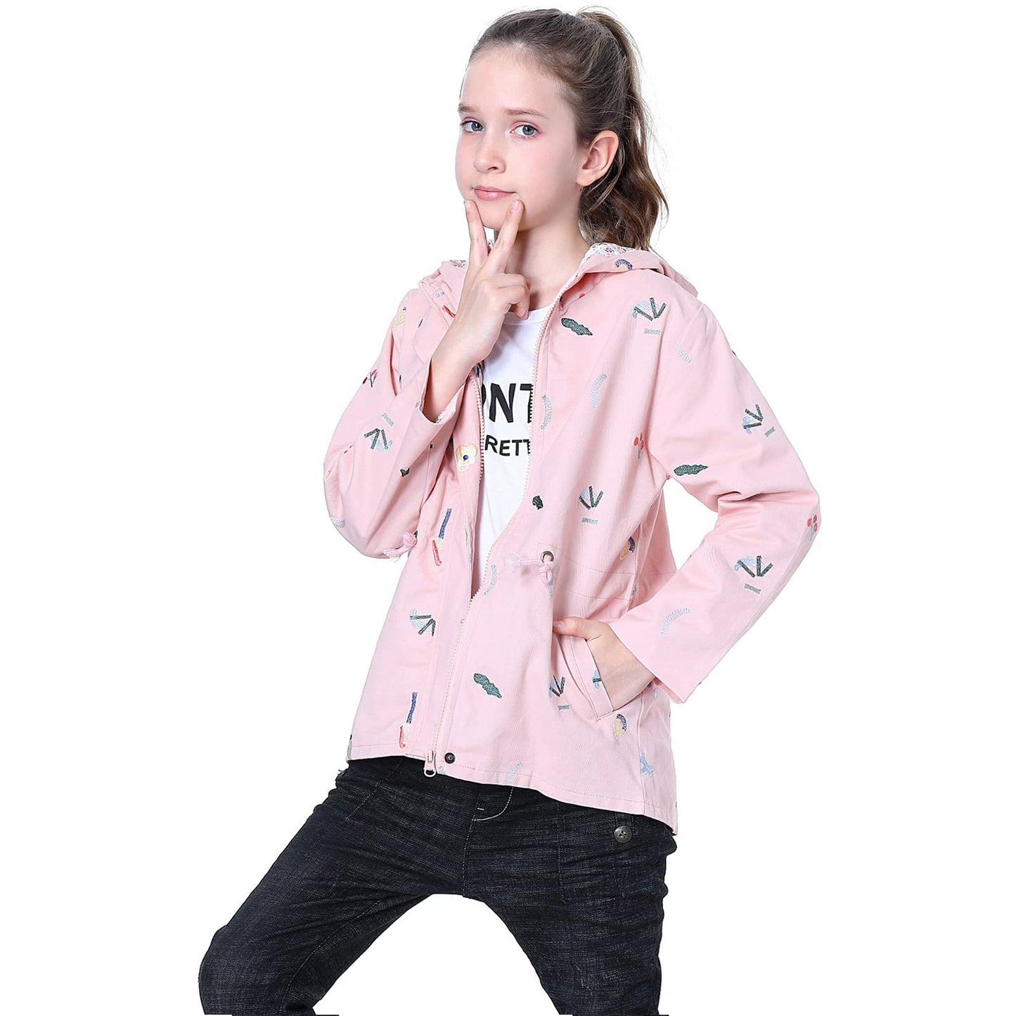 Mädchen Windjacke Mit Kapuze Und Blumenstickerei Trenchcoat Kapuzenmantel