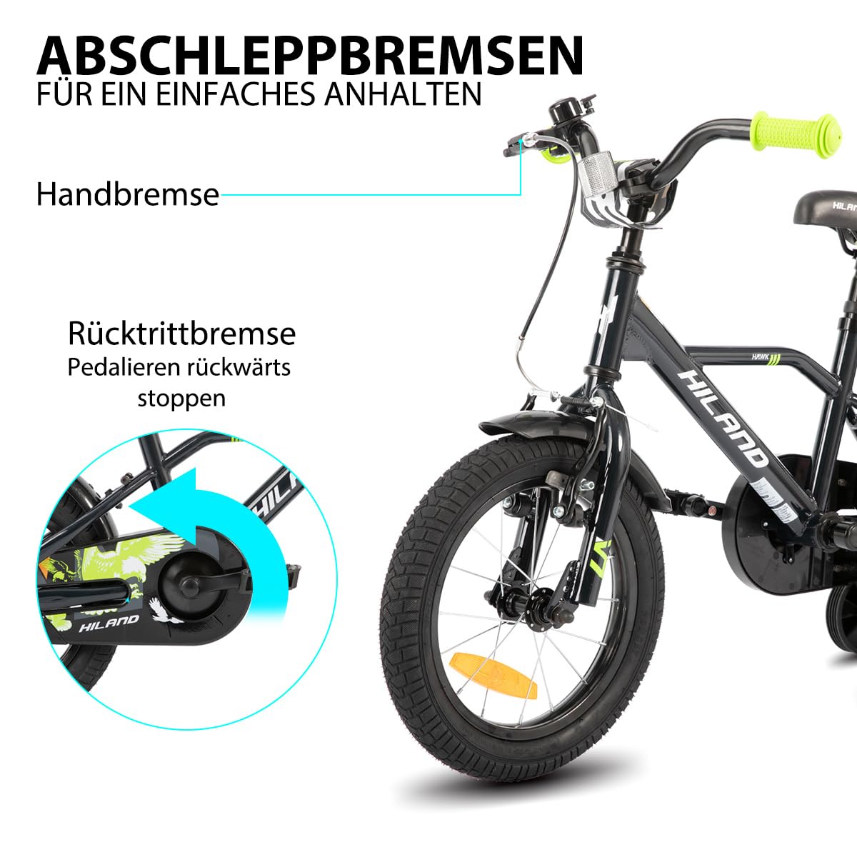 Hiland 12/14/16/20 Zoll Kinderfahrrad, Jungen Fahrrad für 3-10 Jahre, mit Stützrädern, Kinderfahrrad mit Handbremse und Rücktrittbremse, Schwarz/Grün/Blau/Orange - Meloni2