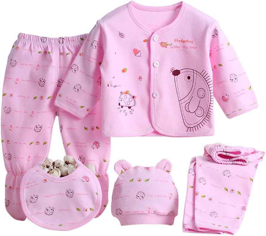Gajaous 5 Pieces Newborn 0-3 M Boys Girls Baby Cotton Clothing Tops Hat Trousers Suit Outfit Sets One Size