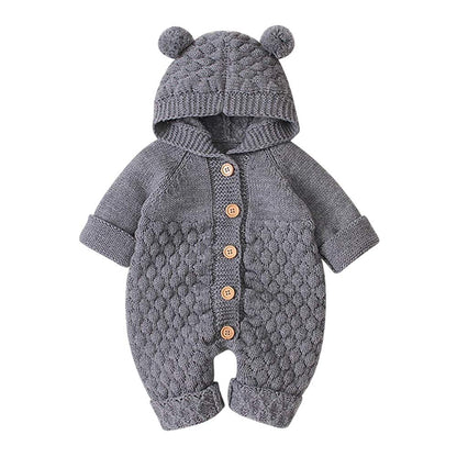 OBEEII Newborn Baby Knitted Romper Jumpsuit with Hood Ear Onesies Pullover Winter Warmer Onesie Bodysuit for Boys Girls