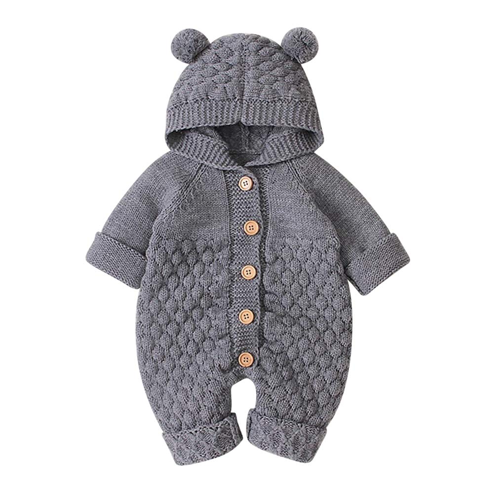 OBEEII Newborn Baby Knitted Romper Jumpsuit with Hood Ear Onesies Pullover Winter Warmer Onesie Bodysuit for Boys Girls