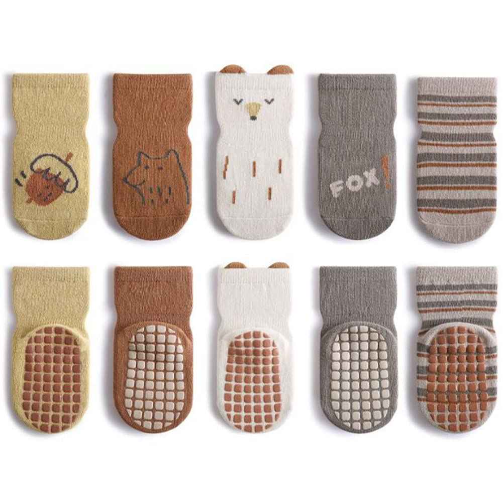Pack of 5 Baby Toddler ABS Non-Slip Socks, Trainer Socks, Animal Motifs, Cotton
