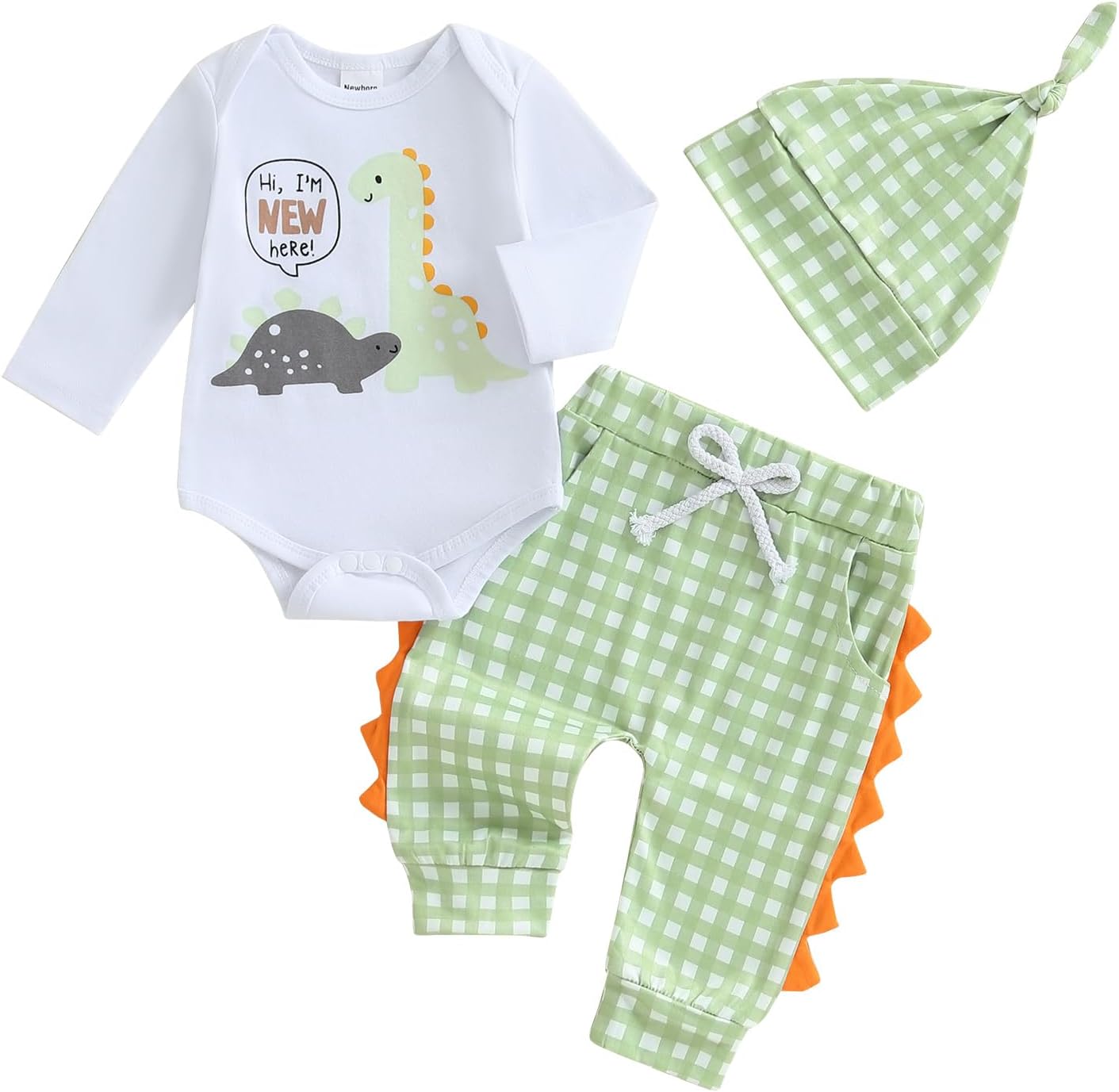 Hallo Ich bin neu hier Neugeborene Baby Jungen Kleidung Set Dinosaurier Print Langarm Bodysuit und Hosen Baumwolle Baby Kleidung Set Herbst Winter Kleidung Sets für Baby Jungen Outfits