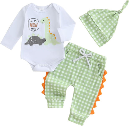Hallo Ich bin neu hier Neugeborene Baby Jungen Kleidung Set Dinosaurier Print Langarm Bodysuit und Hosen Baumwolle Baby Kleidung Set Herbst Winter Kleidung Sets für Baby Jungen Outfits