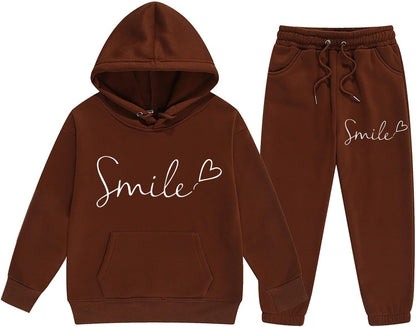 Mädchen 2-teiliges Outfit Herbst Hoodie Lächeln Sweatsuit Sets Kinder 2025 mit Kapuze Ausgehen Sweatanzüge Sweatshirt mit Taschen Grafik Langarm Brief Kordelzug Sweatsuits Sets