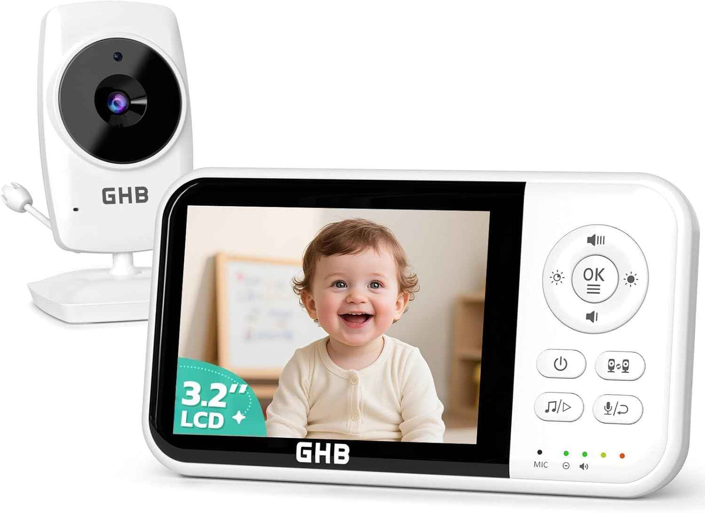 GHB Babyphone mit Kamera Baby Monitor 3,2 Zoll Weiß | 2100 mAh Akku, Max. 60 Std Akku im VOX Modus, Infrarot-Nachtsicht ohne Störlicht, Gegensprechfunktion, Temperatursensor