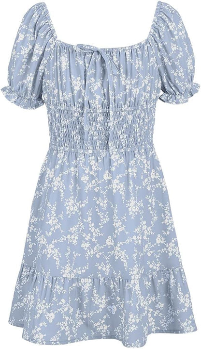 Haloumoning Girls Dresses Short Sleeve Summer Dress Kids Puffy Sleeve Floral Dress Square Neck A-Line Casual Dress Casual Party Wedding Festive Dress 