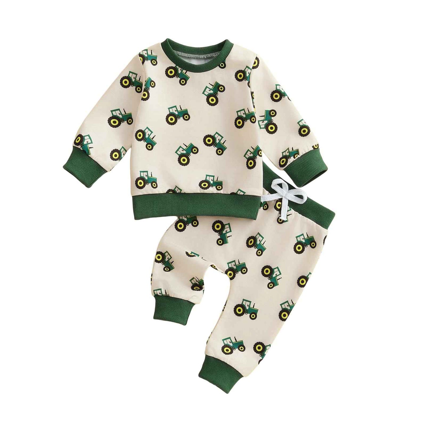 Xeadoffubio Baby Boys' Spring Outfit, Tractor/Car Print Tracksuits, Long Sleeve Car Print Sweatshirts + Elastic Drawstring Trousers, 2-Piece Sports Clothing Set, Soft Tractor Outfits