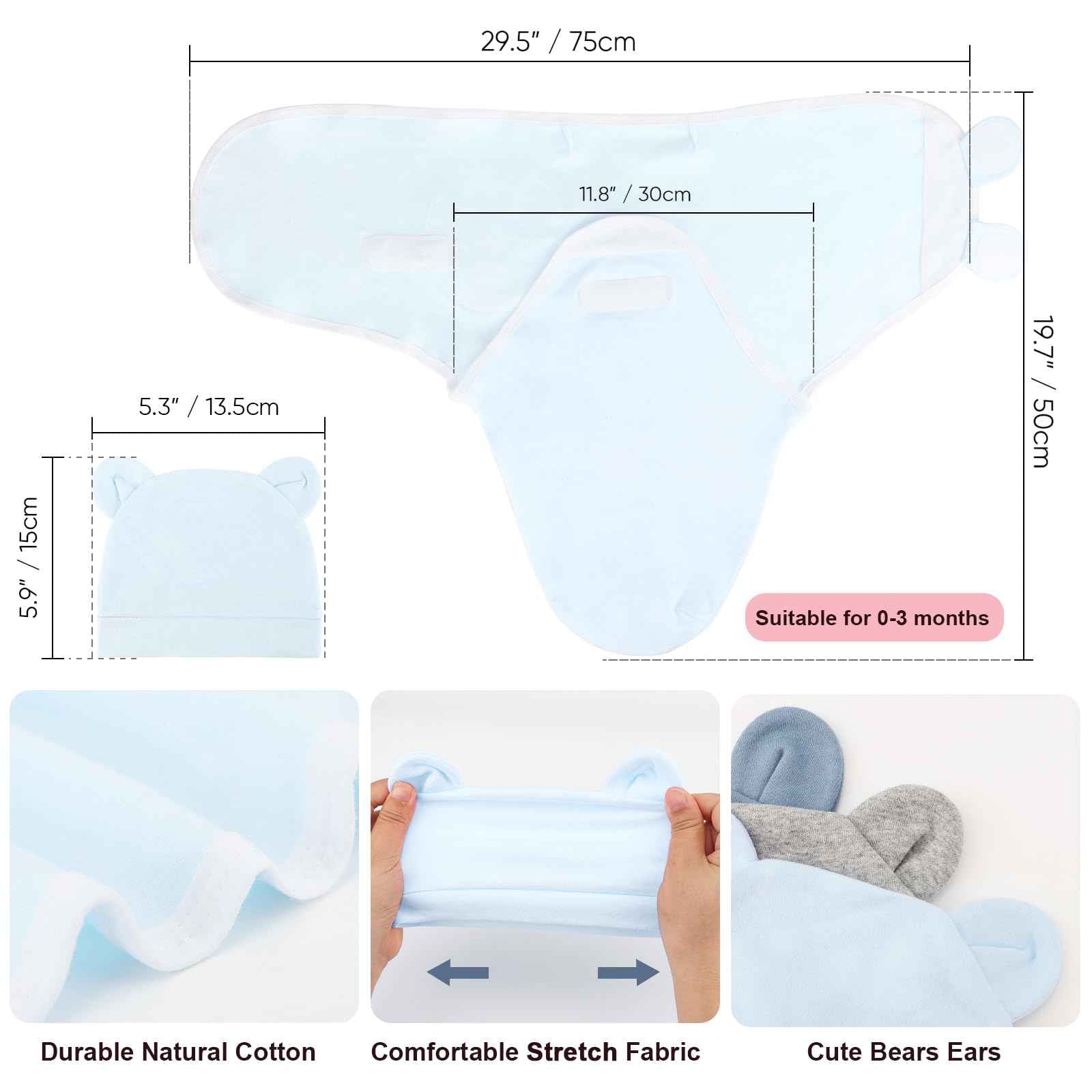 DRESHOW Neugeborene Swaddle Decke Hut Set Baby Gedruckt Swaddles Säugling Einstellbar Schlafsack für 0-3 Monate Mädchen Jungen