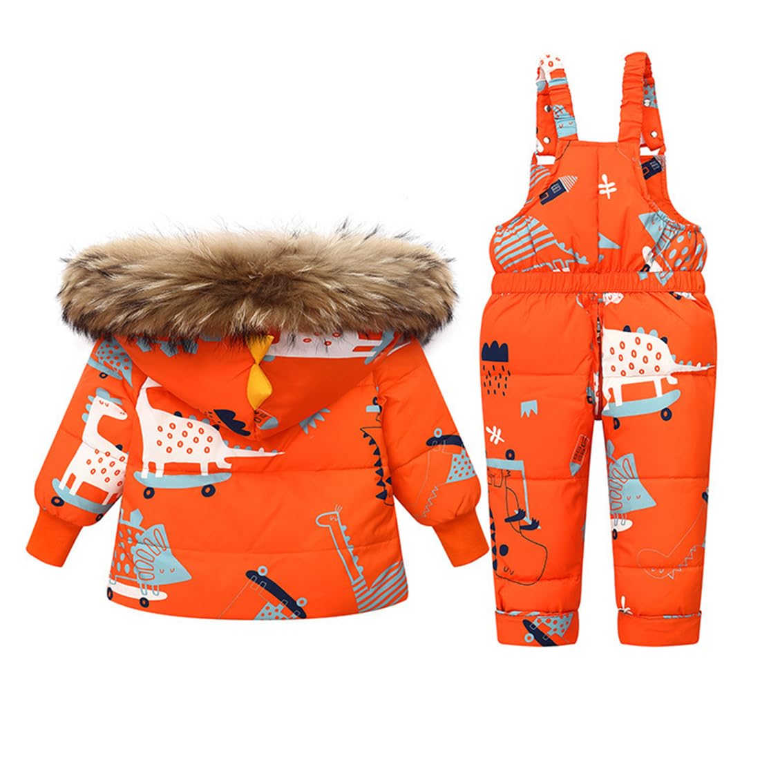 Printed Snowsuits for Baby Girls, 2-Piece Clothing Set, Winter Unisex Children's Down Jacket with Removable Fur Hood with Snow Dungarees, Boys and Girls, Ski Suit Clothing