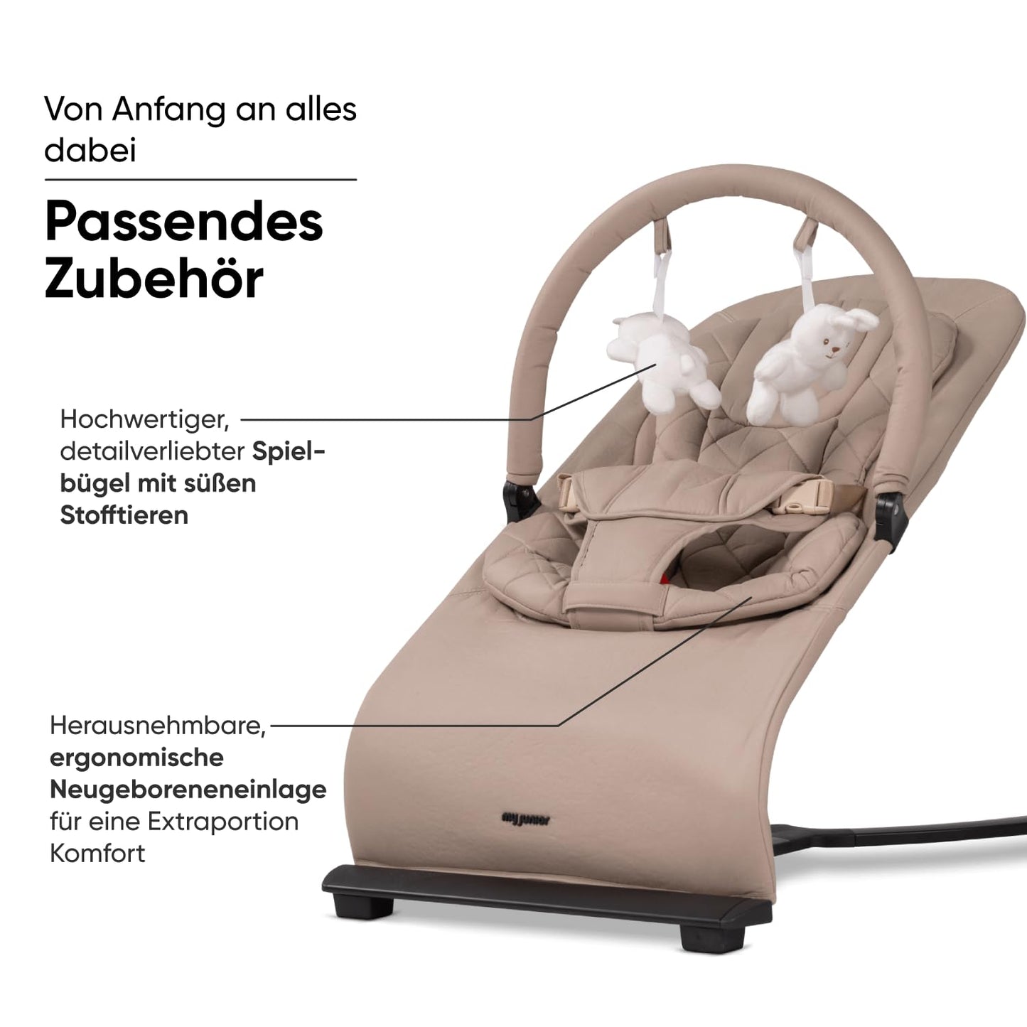 my junior® Motion Bouncer, Ergonomische Babywippe mit Spielbügel, neue Hands-Free-Comfort Technik, 3 Fach-Verstellbar, klappbar, 100% Baumwolle - Kangaroo Beige