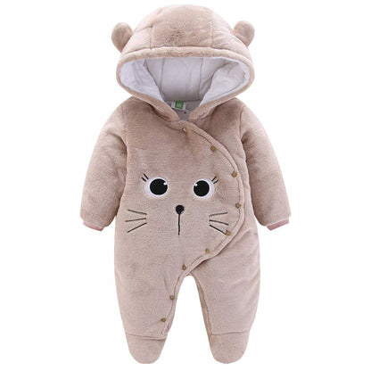 JiAmy Baby-Overall Baby-Strampler Flanell Winter-Strampelanzug mit Füßchen Kapuze Cartoon,Khaki 6-9 Monate