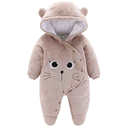 JiAmy Baby-Overall Baby-Strampler Flanell Winter-Strampelanzug mit Füßchen Kapuze Cartoon,Khaki 6-9 Monate