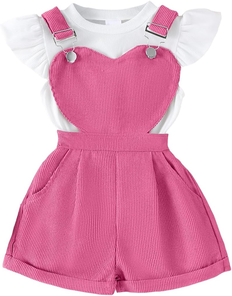Baby Mädchen Sommer Outfits Rüschen Kurzarm Ripptop+ Blumen/Herzmuster Overalls Shorts Mit Tasche Süßes 2-Teiliges Kleidungsset