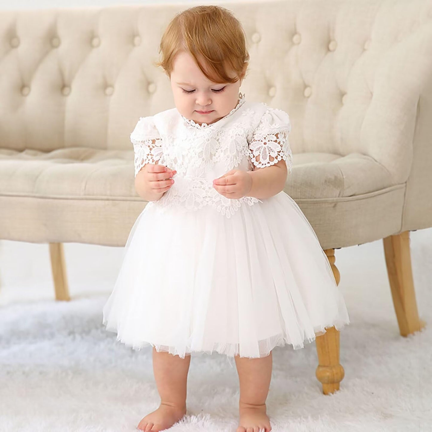 Baby Mädchen Weiße Taufe Kleid mit Kapuze Neugeborene Taufe Kleid Spitze Kleid für Hochzeit Geburtstag