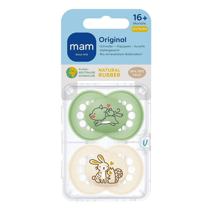 MAM Original Latexschnuller im 2er-Set, Schnuller aus nachhaltigen, bio-erneuerbaren Materialien, Baby Schnuller mit symmetrischem & kiefergerechtem Sauger, 0-6 Monate, Hase/Reh