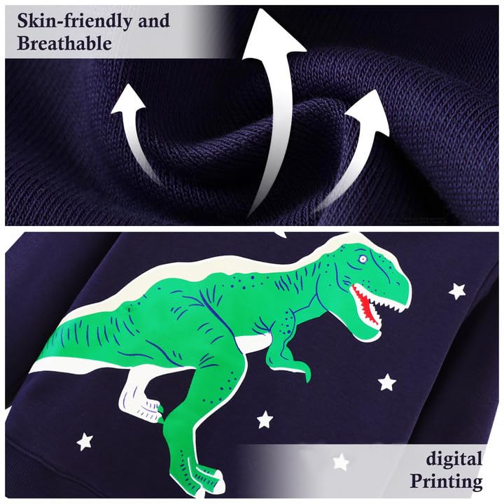 FILOWA Sweatshirt Kinder Junge Leuchtet im Dunkeln Dinosaurier Sweatshirt Astronauten Drucken Pullover Sport Marineblau Langarm Warm Baumwolle Top Jogging Sweatshirt 2-7 Jahre,Gr.92-122