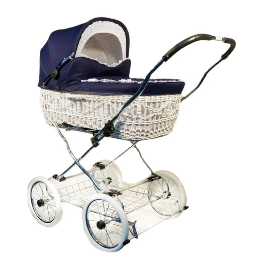 EICHHORN Kinderwagen Weidenkorb - Kinderwagen aus echter Weide, handgewebter Korb, Weiß, Stoff Marineblau