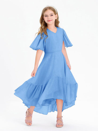 Haloumoning Mädchen Sommerkleid V-Ausschnitt Rüschenkleider Casual A Line Kleid Flowy Hoch Niedrig Lang Partykleid Elegant Langes Abendkleid