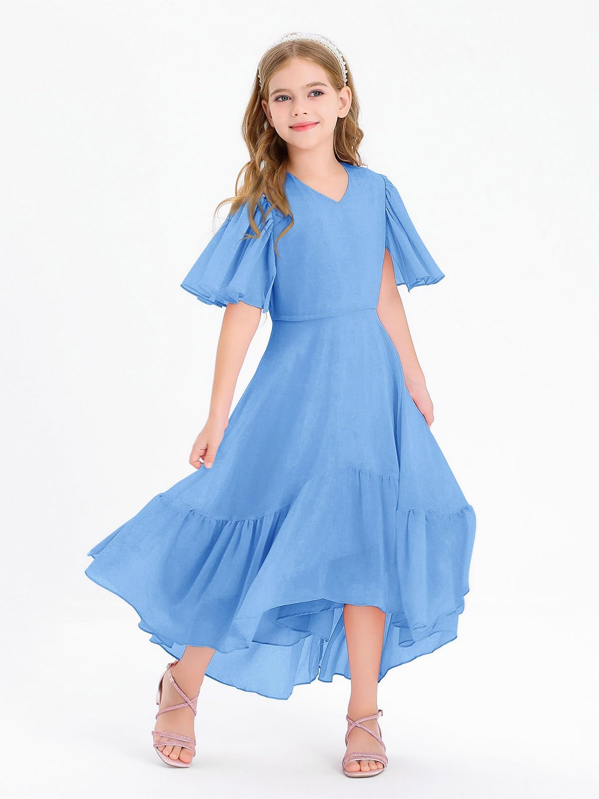 Haloumoning Mädchen Sommerkleid V-Ausschnitt Rüschenkleider Casual A Line Kleid Flowy Hoch Niedrig Lang Partykleid Elegant Langes Abendkleid