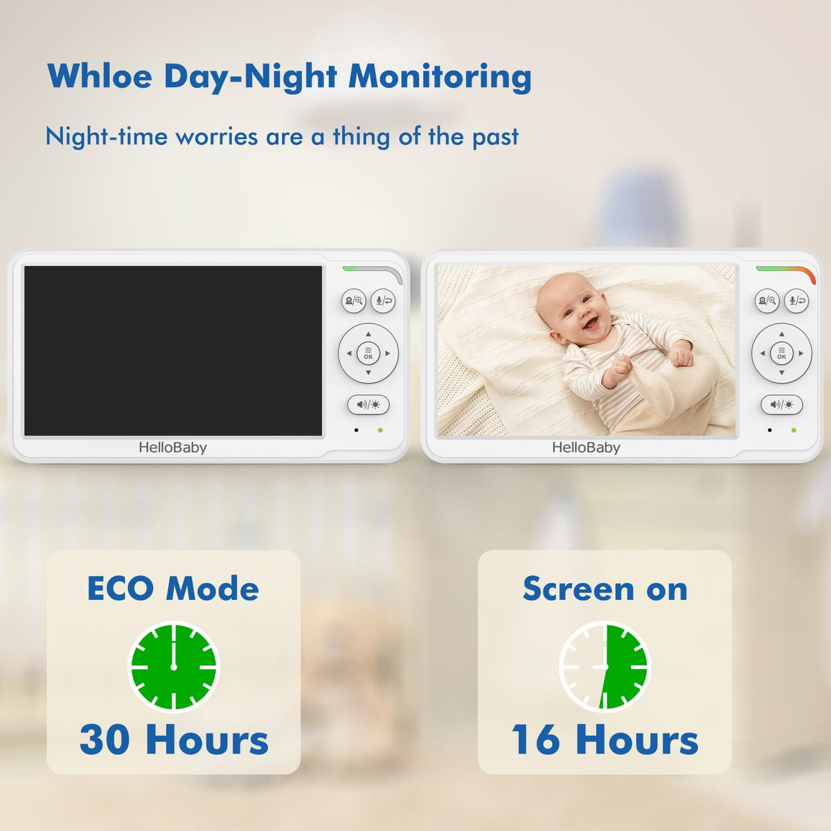 HelloBaby Babyphone mit Kamera, Kein WLAN, 5" IPS, HB6550, 3500 mAh | 355° Schwenken-120° Neige-Zoomen, Babyfone ohne WLAN, 2 Wege Audio, Temperatur, 8 Schlaflieder, Nachtsicht, Kabel-Kamera