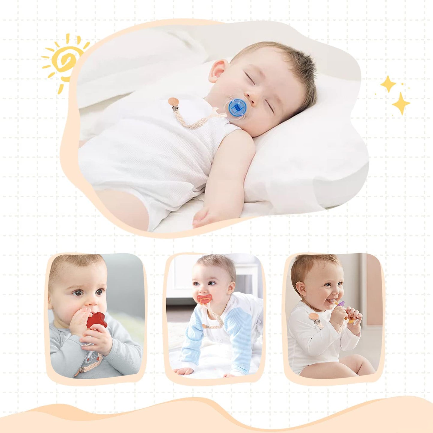 IOSPKKIO® 3 Stück Schnullerclip für Jungen und Mädchen, Schnullerhalter, mit Holzklammern, Handgefertigt, Geflochtene Baumwolle, Babyparty, Geburtstagsgeschenk(Beige)