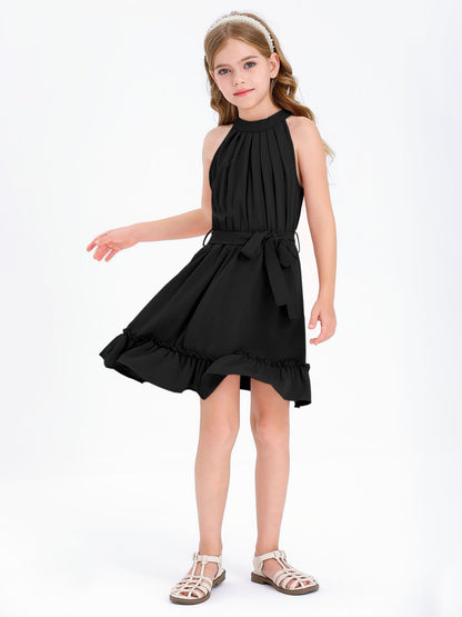 Halomoning Girls Dress Sleeveless Simple Classic Casual Knee Length for Kids Summer Princess Party Wedding Tie Waist A-Line 