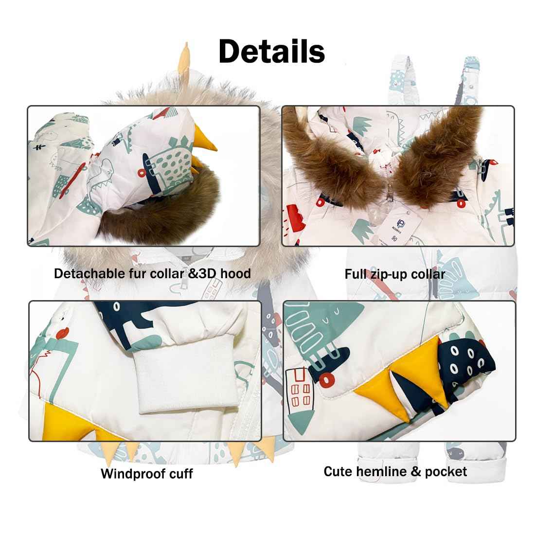 Printed Snowsuits for Baby Girls, 2-Piece Clothing Set, Winter Unisex Children's Down Jacket with Removable Fur Hood with Snow Dungarees, Boys and Girls, Ski Suit Clothing