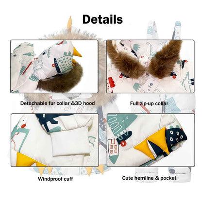 Printed Snowsuits for Baby Girls, 2-Piece Clothing Set, Winter Unisex Children's Down Jacket with Removable Fur Hood with Snow Dungarees, Boys and Girls, Ski Suit Clothing