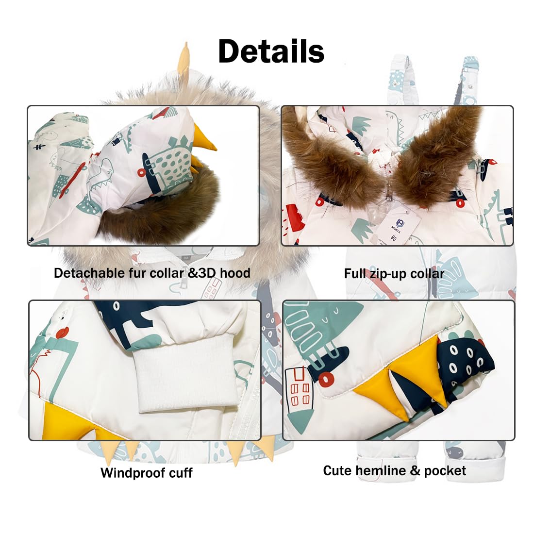 Printed Snowsuits for Baby Girls, 2-Piece Clothing Set, Winter Unisex Children's Down Jacket with Removable Fur Hood with Snow Dungarees, Boys and Girls, Ski Suit Clothing