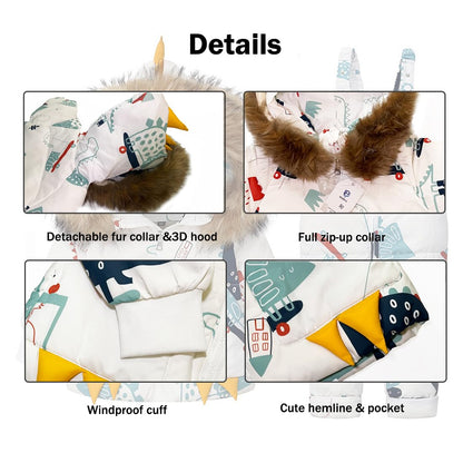 Printed Snowsuits for Baby Girls, 2-Piece Clothing Set, Winter Unisex Children's Down Jacket with Removable Fur Hood with Snow Dungarees, Boys and Girls, Ski Suit Clothing