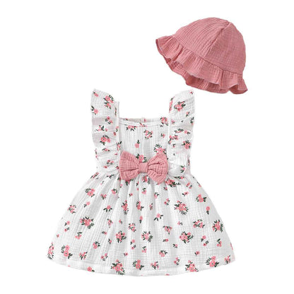 Kleinkind Baby Mädchen Sommer Kleid Outfit Rüschenärmel Herz/Blumenmuster Boho Kleider Niedliches Baby Sommerkleid mit Hut