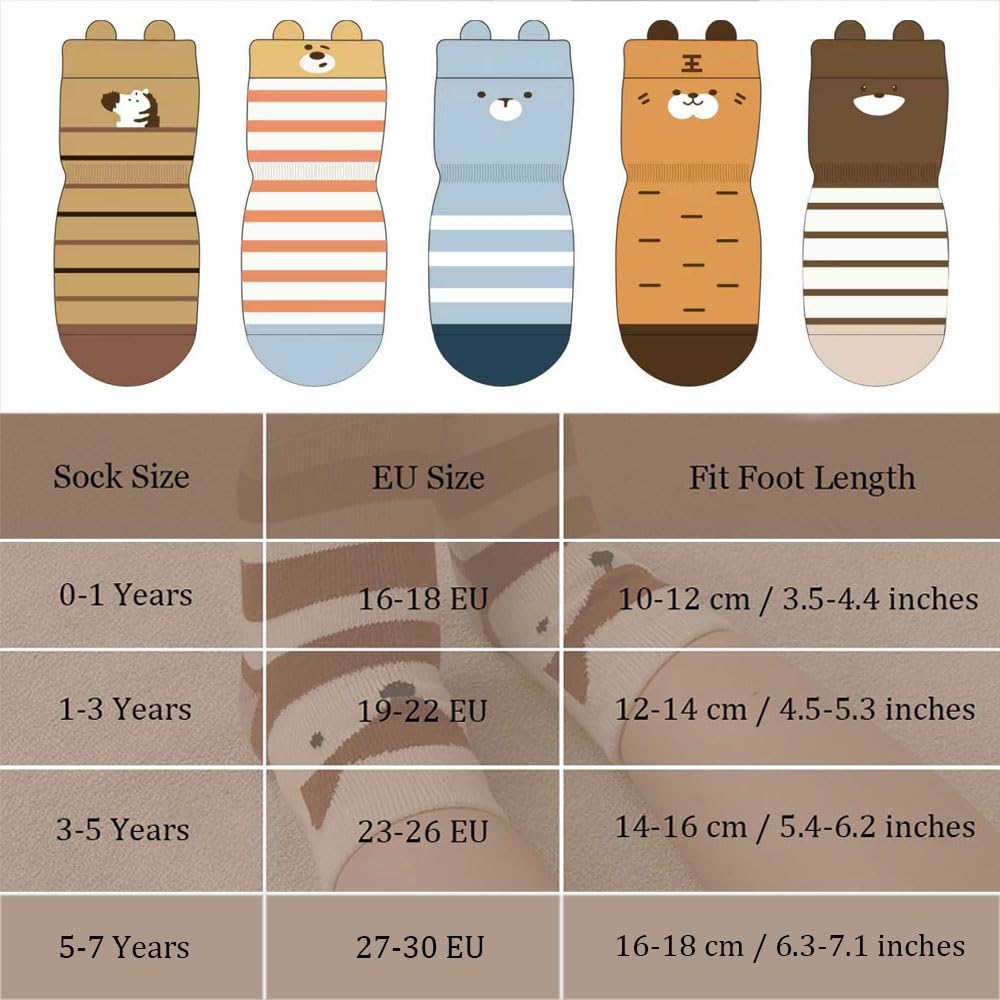 Pack of 5 Baby Toddler ABS Non-Slip Socks, Trainer Socks, Animal Motifs, Cotton