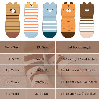 Pack of 5 Baby Toddler ABS Non-Slip Socks, Trainer Socks, Animal Motifs, Cotton