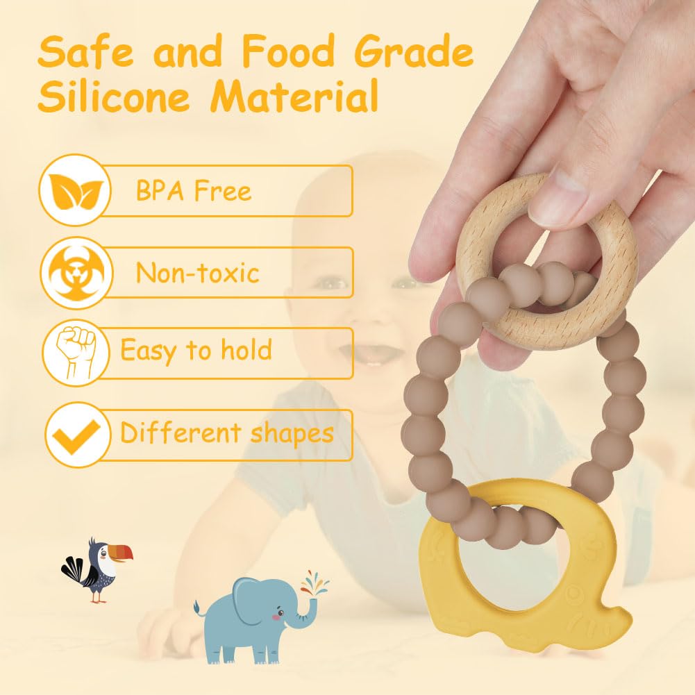 Vicloon Beißring für Babys, Beißring Spielzeug aus Silikon und Holzringe, Baby Zahnungshilfe BPA-frei, Schmerzlindernde Zahnen Nursing Zubehör für ab 3 Monaten Babys(Wal Blau)