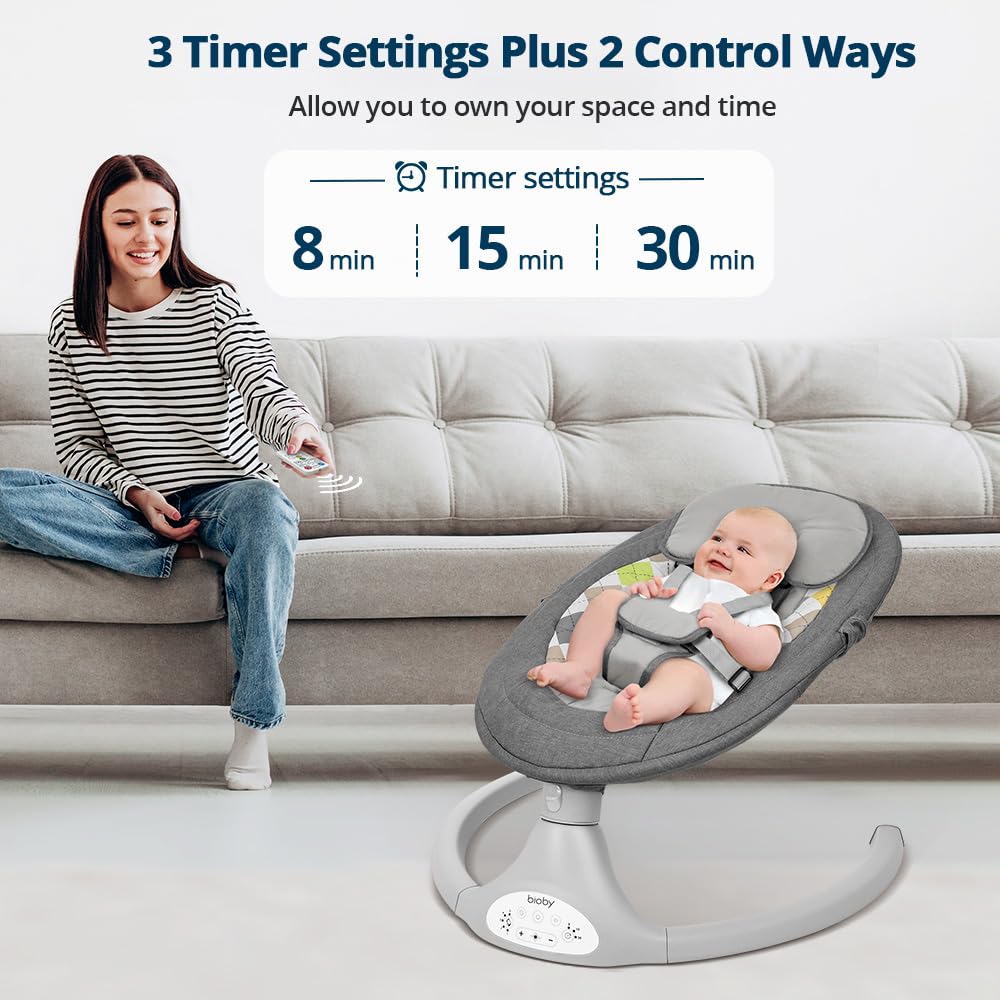 Bioby Elektrische Babywippe | Babyschaukel mit 5-Punkt-Gurt & 5 Schaukelmodi, Leicht & Sicher Wippe Baby Elektronisch mit Bluetooth-Musik & Fernbedienung, für 0-12 Monate (2-9 kg), Grau
