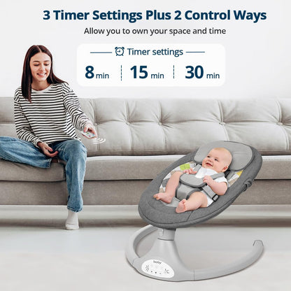 Bioby Elektrische Babywippe | Babyschaukel mit 5-Punkt-Gurt & 5 Schaukelmodi, Leicht & Sicher Wippe Baby Elektronisch mit Bluetooth-Musik & Fernbedienung, für 0-12 Monate (2-9 kg), Grau