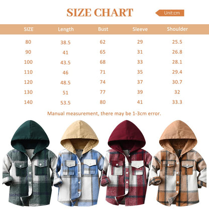 Kinder Übergangsjacke Jungen Kindermantel Mädchen Jacke Kariertem Hemd mit Kapuze für Frühling und Herbst