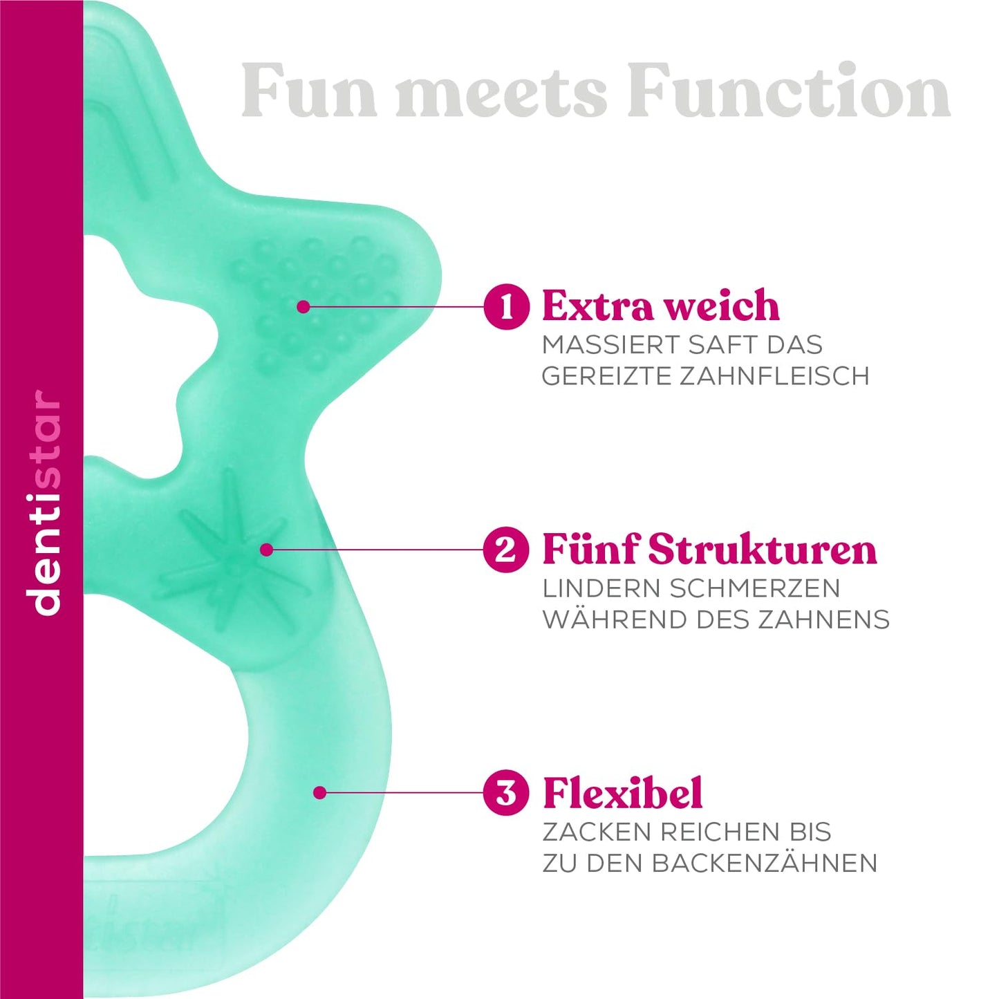 Dentistar Beißring 2er-Set – Teether für Babys & Kleinkinder ab 3 Monate – Baby Beißring mit Griff aus weichem Material zur Zahnungshilfe & Massage – Made in Germany – Pink & Lila