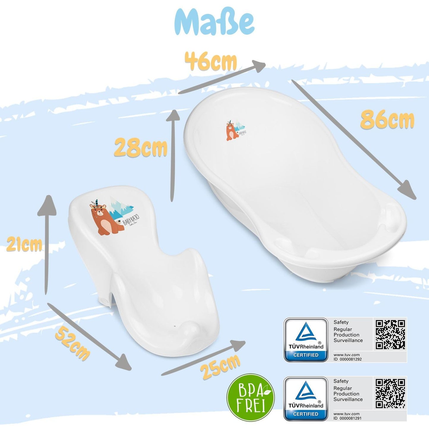 Baby Badewanne mit Gestell 4 Set TÜV Rheinland zertifiziert! Babybadewannen + Baby Badewannensitz +Abfluss + Gestell - Babywanne mit Ständer! Baby Pflegeset für Neugeborene.