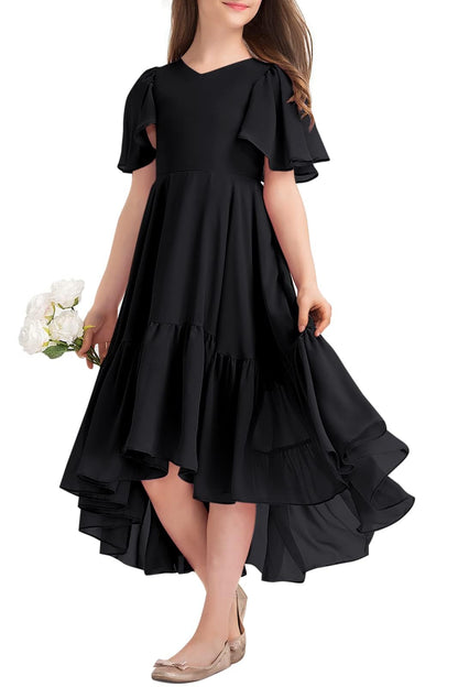 Haloumoning Mädchen Sommerkleid V-Ausschnitt Rüschenkleider Casual A Line Kleid Flowy Hoch Niedrig Lang Partykleid Elegant Langes Abendkleid