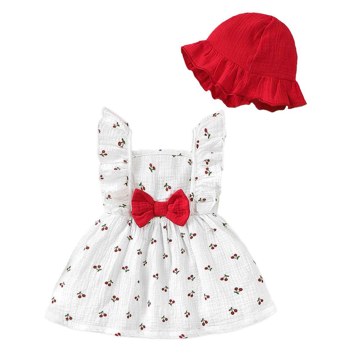 Kleinkind Baby Mädchen Sommer Kleid Outfit Rüschenärmel Herz/Blumenmuster Boho Kleider Niedliches Baby Sommerkleid mit Hut
