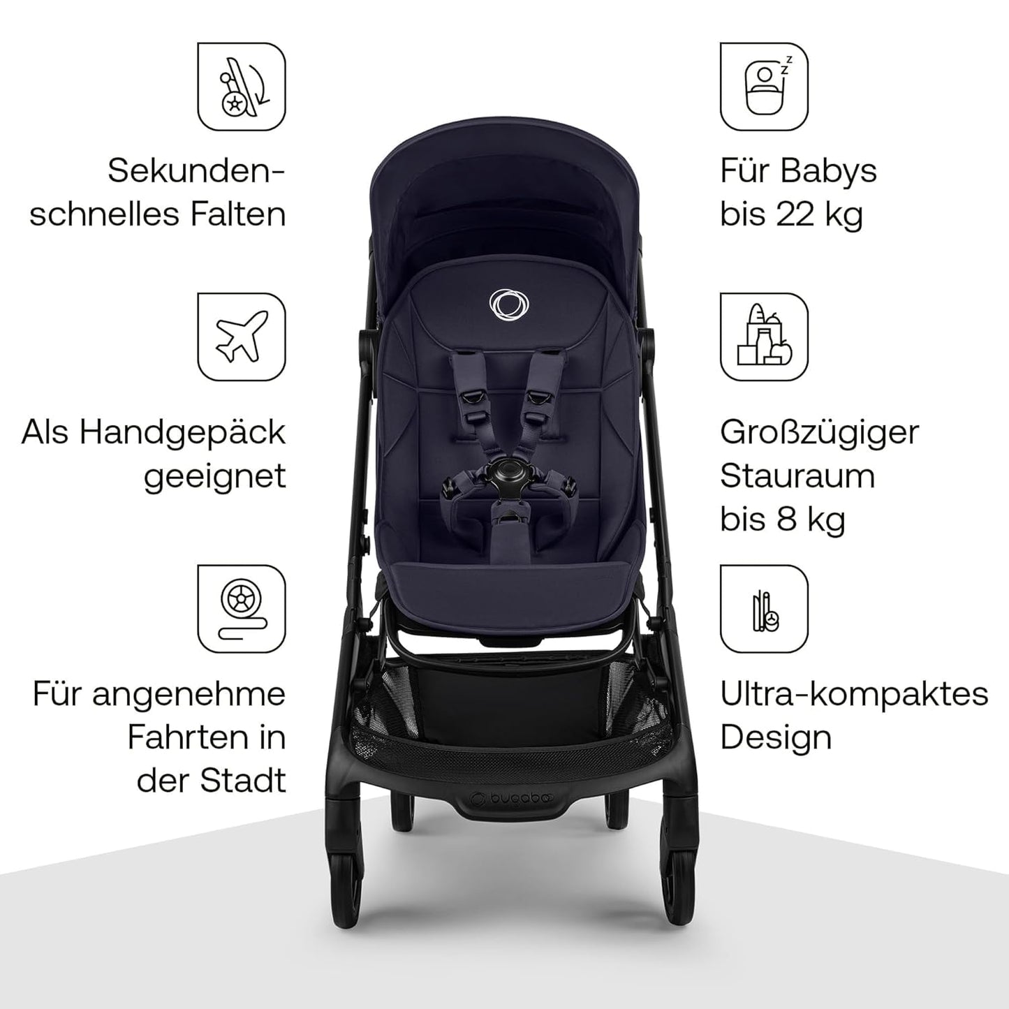 Bugaboo Butterfly 2 Reisebuggy Set – leichter, faltbarer Kinderwagen mit Sicherheitsbügel & Regenabdeckung – Handgepäckgröße, mit Liegefunktion – ab 6 Monaten bis 4 Jahre – Deep Indigo