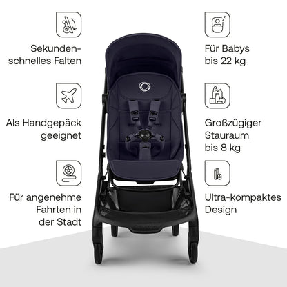Bugaboo Butterfly 2 Reisebuggy Set – leichter, faltbarer Kinderwagen mit Sicherheitsbügel & Regenabdeckung – Handgepäckgröße, mit Liegefunktion – ab 6 Monaten bis 4 Jahre – Deep Indigo